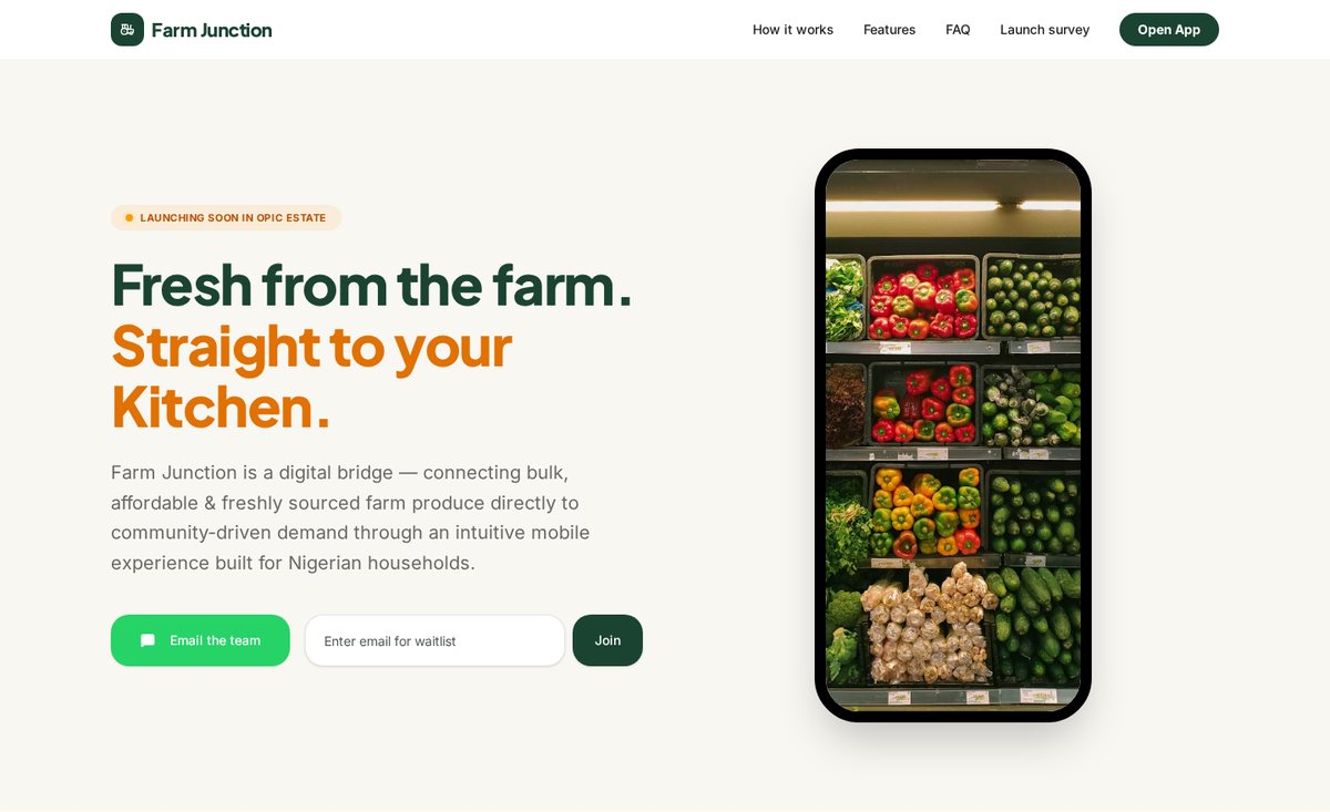 Farm Junction consumer landing page with waitlist signup