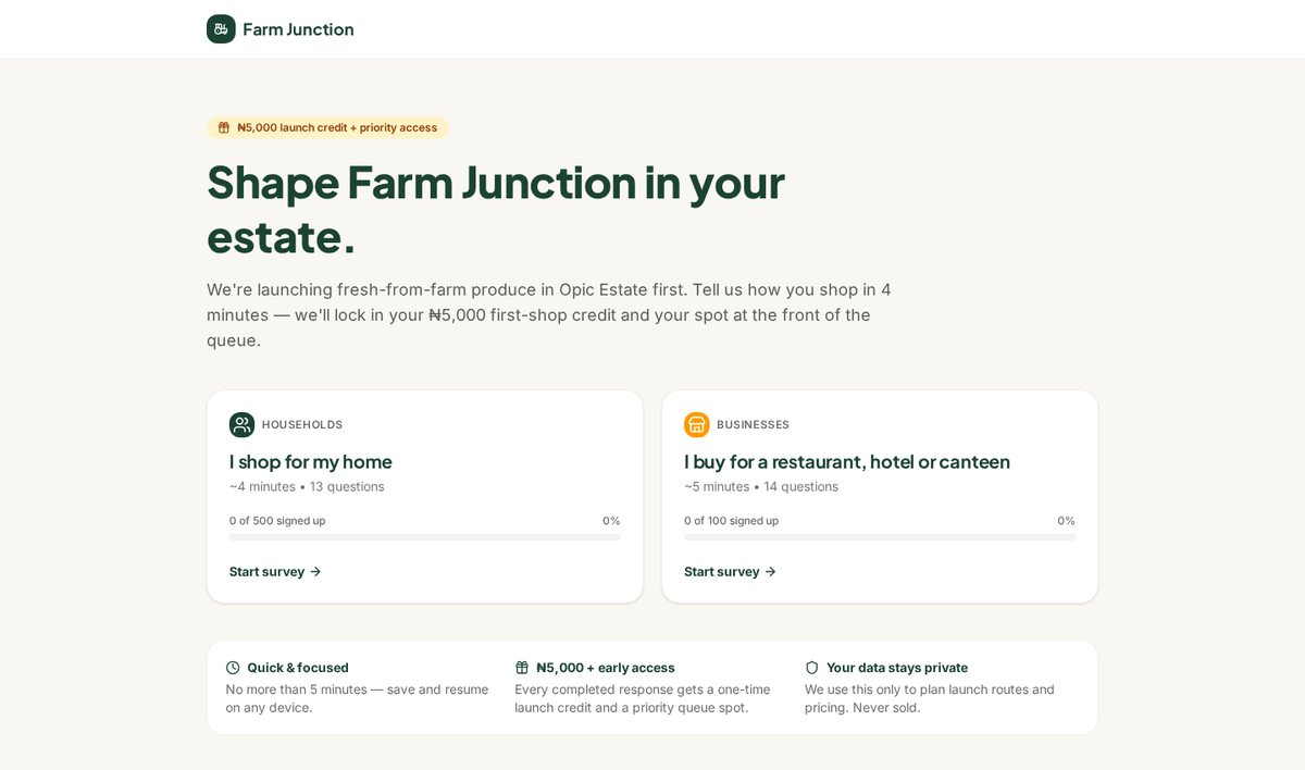 Farm Junction launch survey with separate household and business tracks