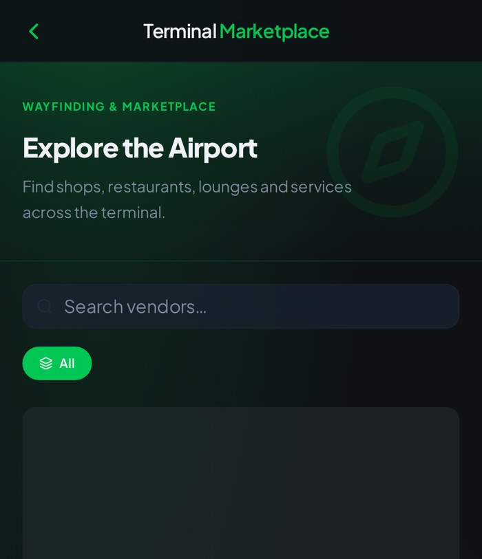 FAAN Access Hub wayfinding and marketplace screen listing terminal vendors