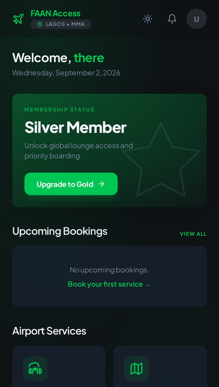 FAAN Access Hub home screen showing membership tier and airport services