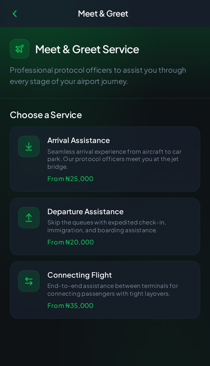 FAAN Access Hub Meet and Greet service selection with arrival, departure and connecting flight options